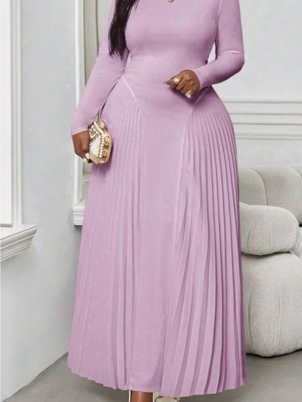 Elegant Long Sleeve Pleated Dress in Lavender